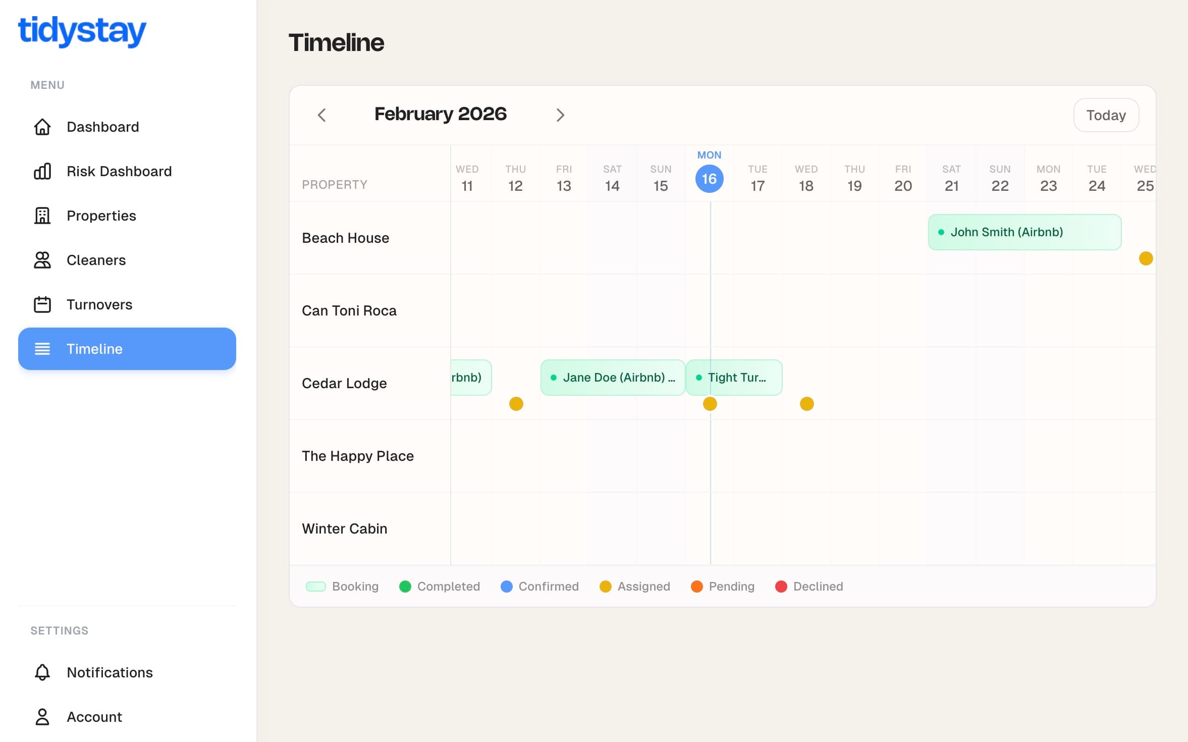 TidyStay dashboard showing property timeline with bookings and turnovers